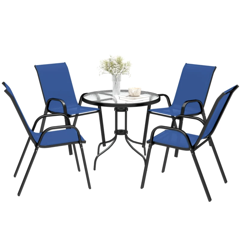Outsunny Five-Piece Steel Patio Set, with Glass-Top Table - Dark Blue