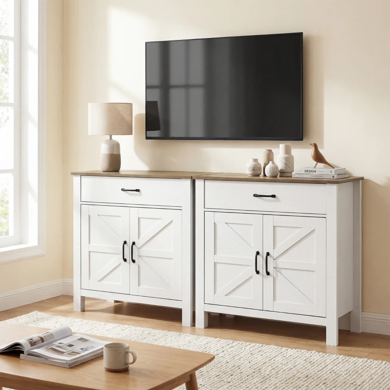HOMCOM Living Room Sideboard, Storage Cabinet with 2 Barn Doors, Drawer and Adjustable Shelf, 77 x 39.3 x 81.5 cm, White and Brown