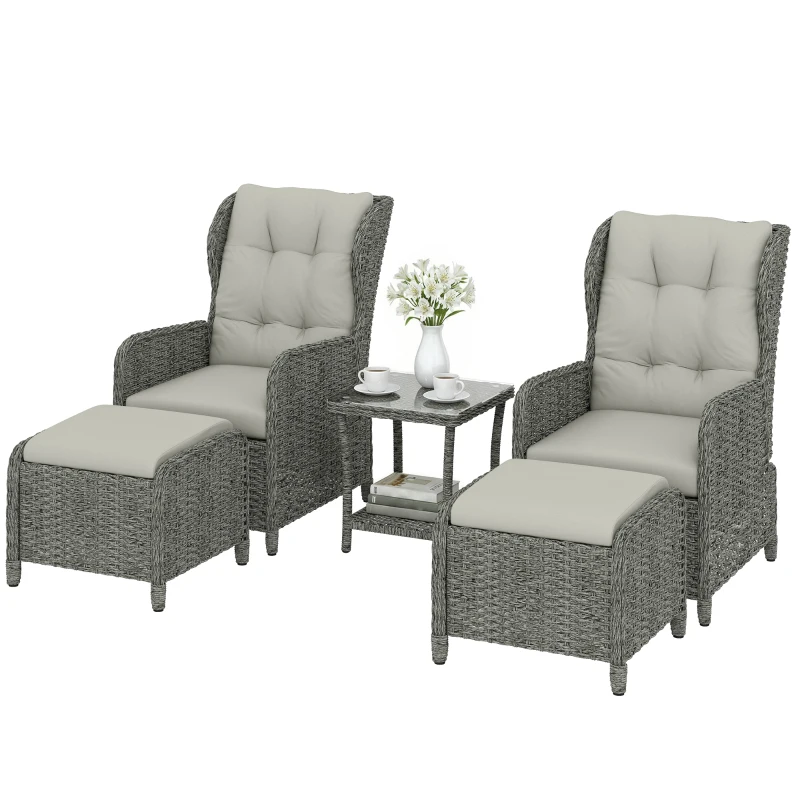 Outsunny 5 Piece Garden Furniture Set, Rattan Reclining Garden Chair Set of 2 with Footstool and Cushion for Balcony, Cream