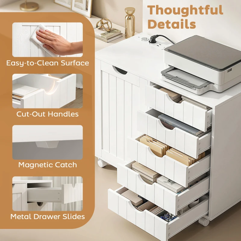 HOMCOM Meuble pour Imprimante avec Station de Charge et Roulettes 5 Tiroirs Ports USB Étagère Réglable Blanc