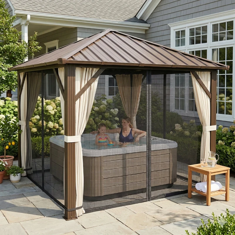 Outsunny Tuinpaviljoen ca. 3 x 3 m Aluminium Paviljoen met Stalen Hardtop-Dak, Muggennet en 4 Zijwanden, UPF50+