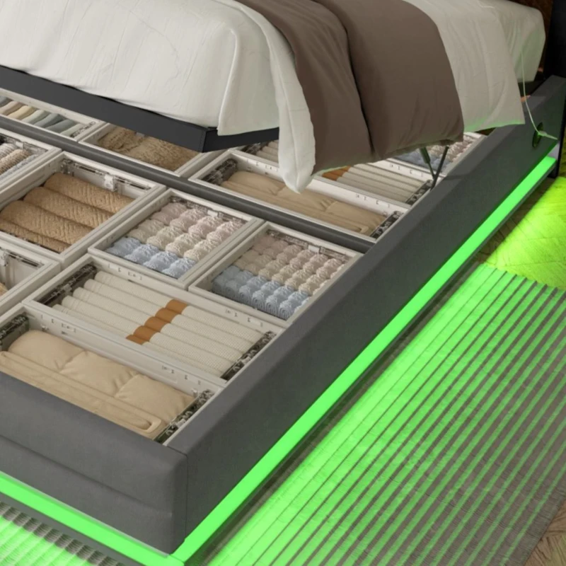 Lit rembourré en velours avec tête de lit réglable en hauteur, éclairage LED et système de levage hydraulique, sans matelas, 140x200 cm, Gris