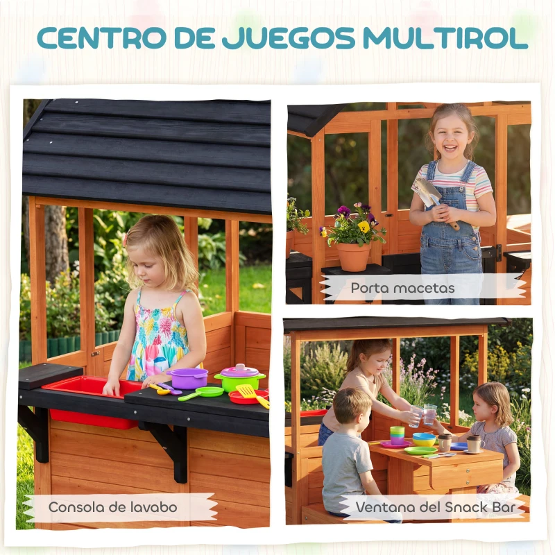 AIYAPLAY Casita Infantil Exterior e Interior de Madera con Barra de Snack y Bancos Mesa Lateral Fregadero Maceteros Marrón Claro