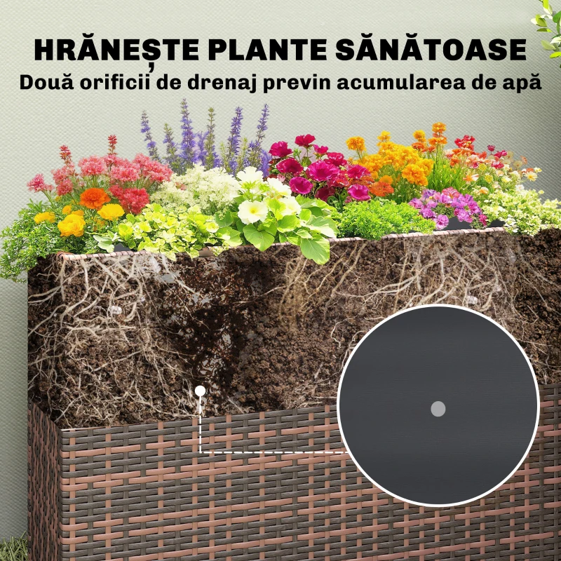 Outsunny Strat Înălțat pentru Grădină 45L din Ratan, cu Orificii de Drenaj și Picioare Reglabile, Maro