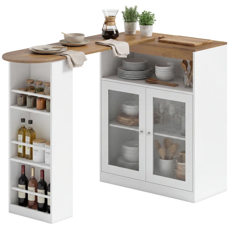 HOMCOM Mesa de Bar Extensible y Giratoria 90° con Estantes Abiertos y 2 Puertas de Vidrio 150x80x105,5 cm Blanco y Natural