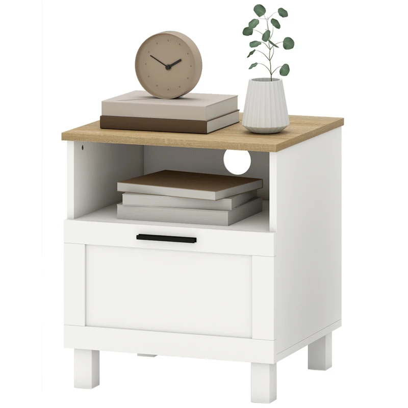 HOMCOM Comodino Moderno con Cassetto e Ripiano in Legno, 45x38x50 cm, Bianco e color Legno