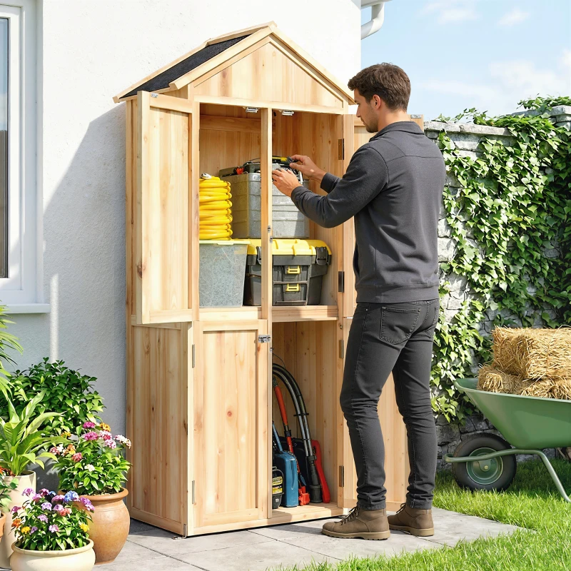 Outsunny Armário de Exterior em Madeira com Teto Inclinado de Asfalto, 4 Portas e 2 Prateleiras Removíveis, 82x50x190 cm, Natural