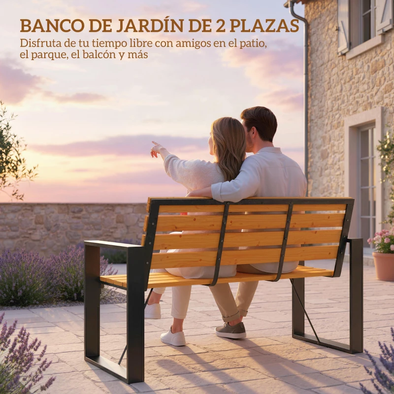 Outsunny Banco de Jardín Exterior de 2 Plazas con Respaldo y Asiento Listonado de Madera Marco de Acero 136x54x82 cm Natural