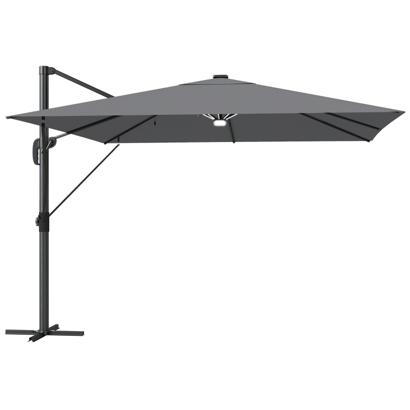 Outsunny 3 x 3 m Garden Cantilever Parasol with Light, Cover, Overhanging Umbrella w/ Wind Protection, 360° Rotation, Light Grey