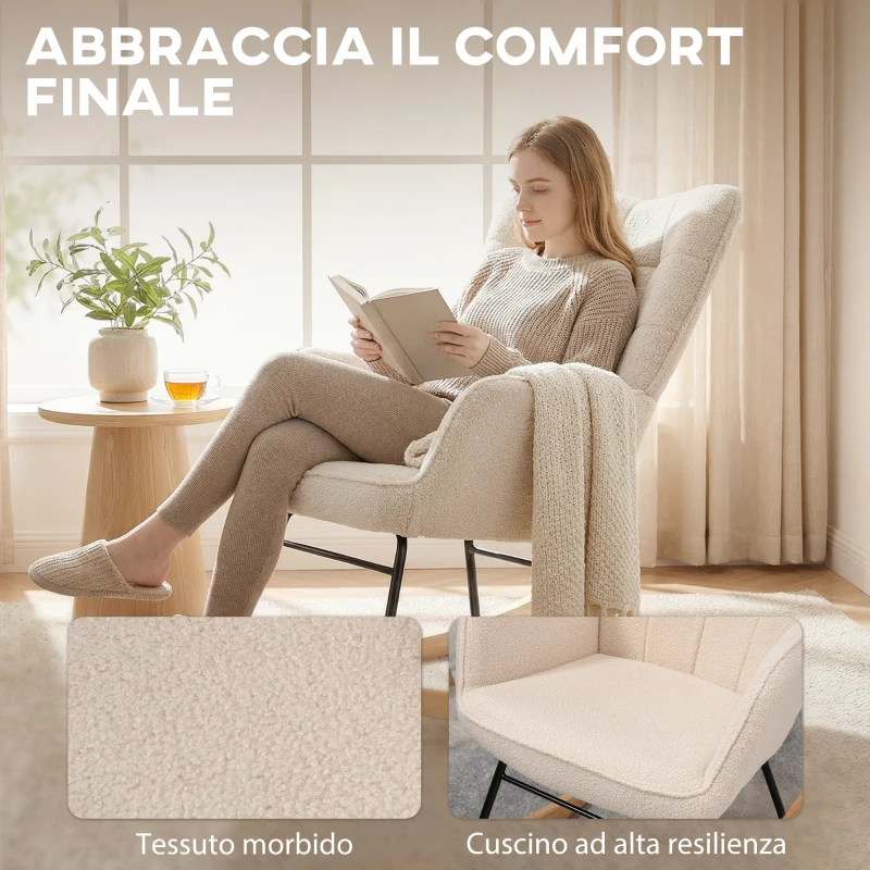 HOMCOM Silla Mecedora de Borreguito Sillón Balancín Oscilante 40° con Patas de Madera de Haya Carga 120 kg 71x98x101 cm Beige
