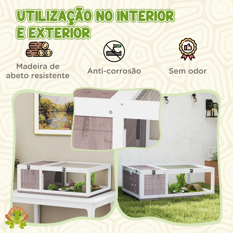PawHut Terrario para Reptéis Casa para Tartarugas de Madeira com Painéis Laterais Transparentes e Trava 91x60,5x32 cm Castanho Acinzentado