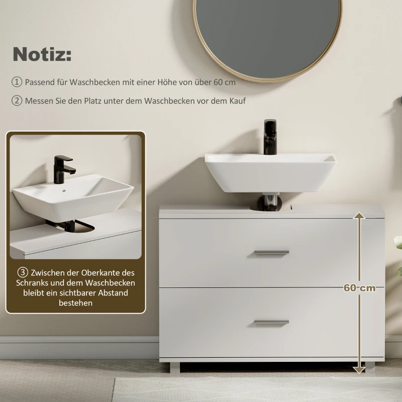 HOMCOM Moderner Badezimmer-Unterschrank mit 2 Schubladen, freistehender Unterschrank für Waschbecken ohne Sockel, Weiß