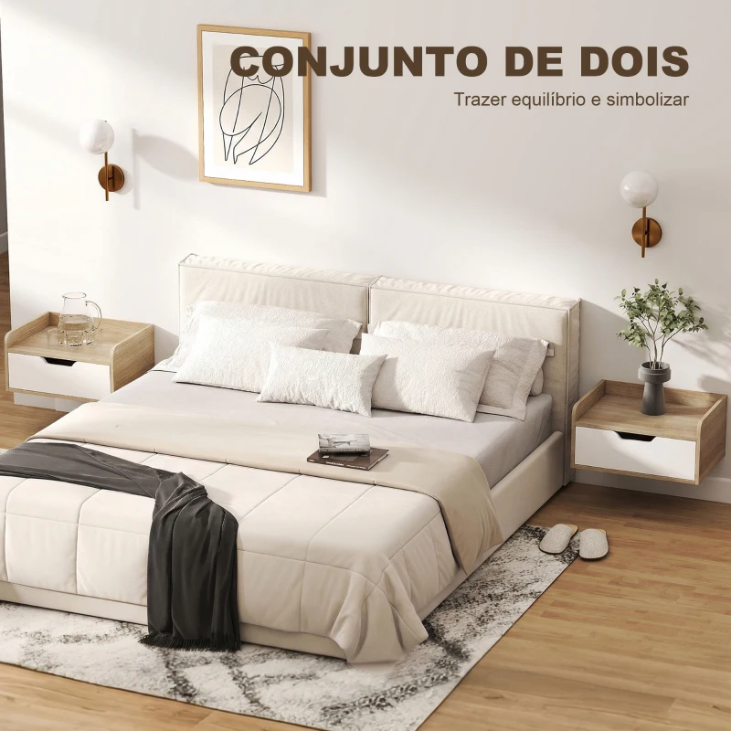 HOMCOM Conjunto de 2 Mesas de Cabeceira de Parede Mesas de Cabeceira com Gaveta e Tampo com Rebordos Elevados 40x30x19,5 cm Madeira Natural