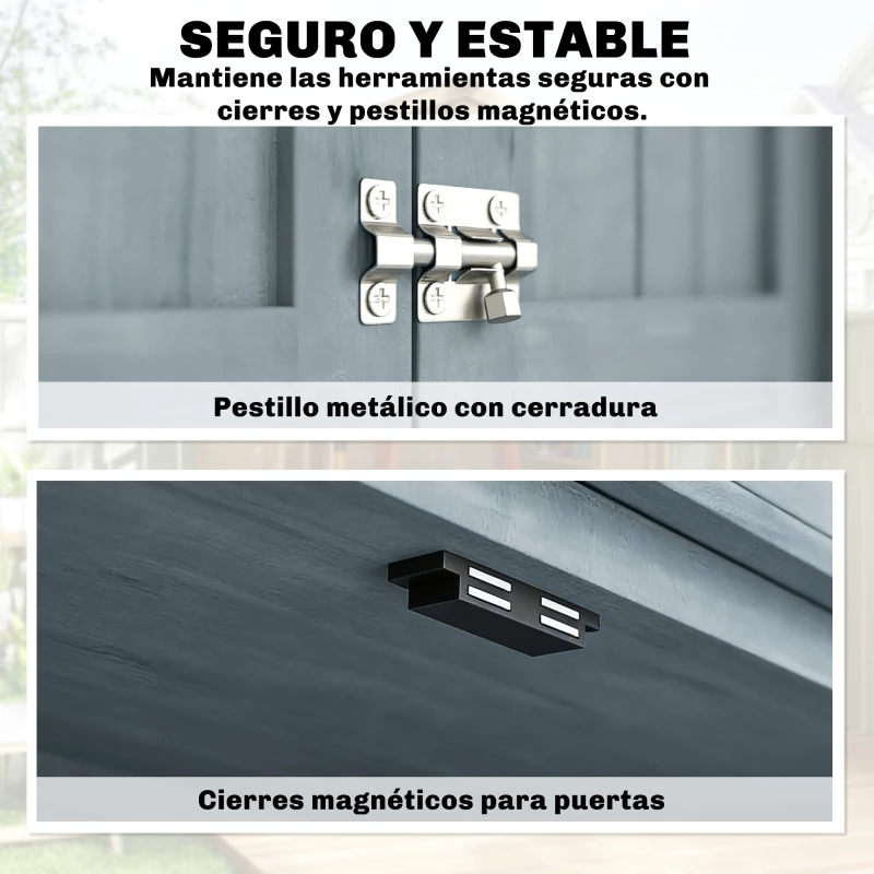 Outsunny Armario de Exterior de Madera con Techo Inclinado Asfalto 2 Puertas con Pestillo Estante y Ganchos 85x54x170 cm Gris