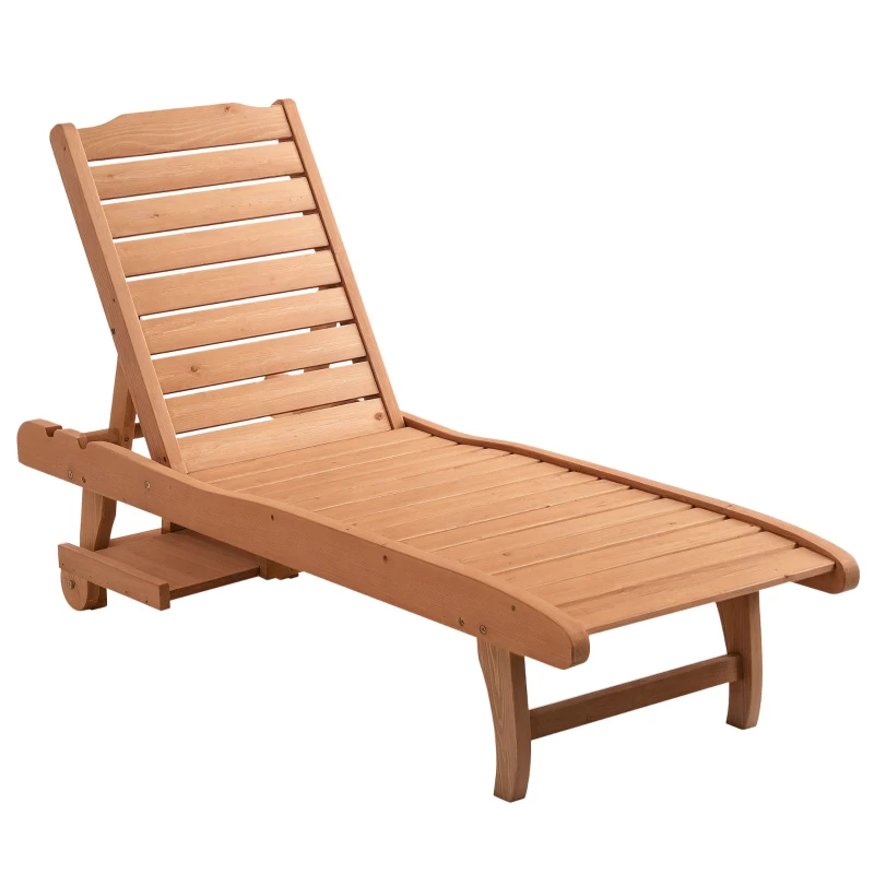 Outsunny Outdoor Wooden Lounger Chair, Sun Bed with Built-In Table, Adjustable Backrest and Wheels, Red Brown
