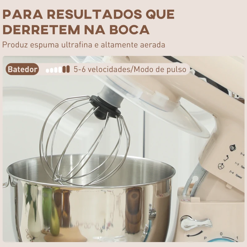 HOMCOM Batedeira Planetária 4,5L 1300W 6 Velocidades Taça de Aço Inoxidável Batedor Gancho Varas Bege