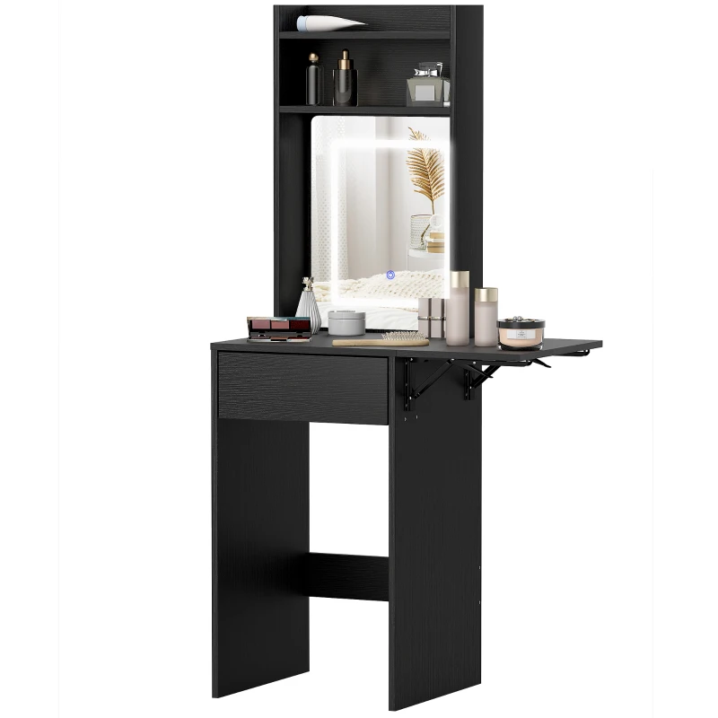 HOMCOM Small Vanity Desk with Mirror and LED Lights, Compact Dressing Table with Drop Leaf, Open Shelves and Drawer, Black