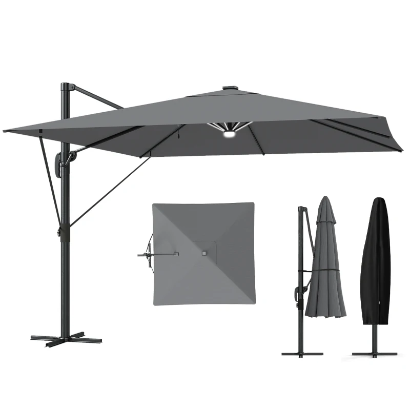 Outsunny 3 x 3 m Garden Cantilever Parasol with Light, Cover, Overhanging Umbrella w/ Wind Protection, 360° Rotation, Light Grey