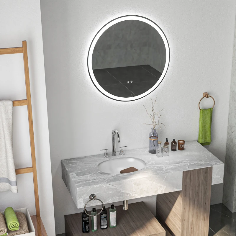 kleankin Miroir rond lumineux LED de salle de bain Ø 80 cm mural avec éclairage 3 couleurs interrupteur tactile 46W blanc argent