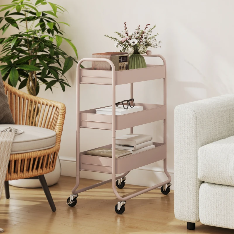 HOMCOM 3-Tier Storage Trolley on Wheels, Rolling Utility Cart with Mesh Backets for Kitchen, Bathroom, Bedroom, Light Pink