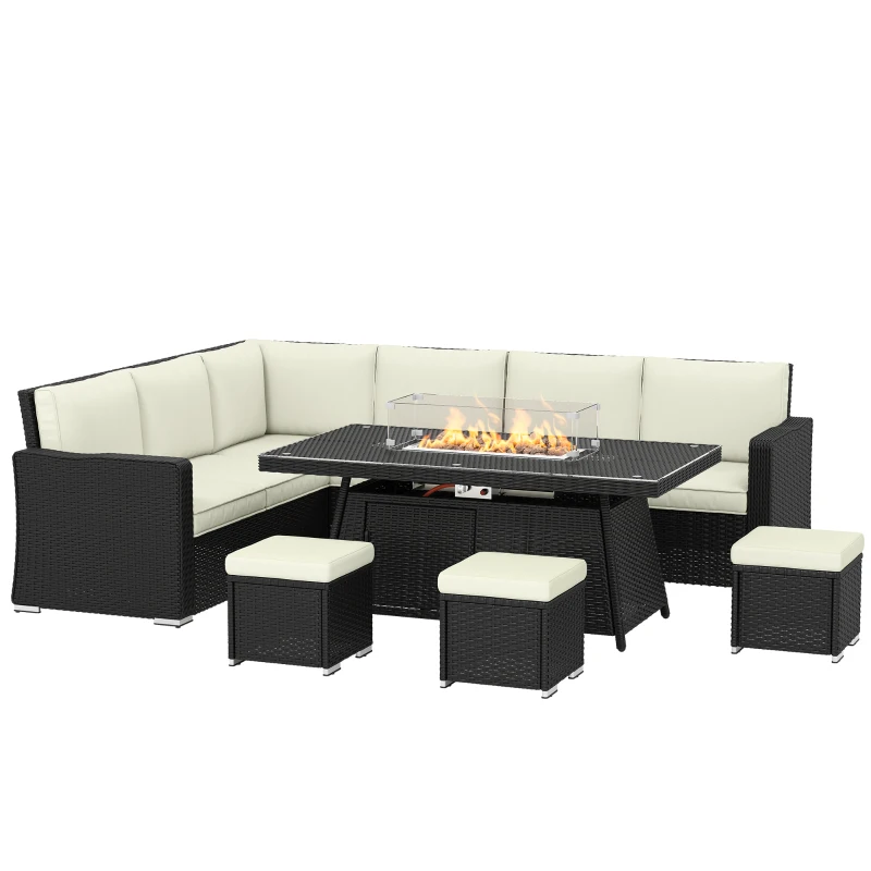 Outsunny 7 Pieces PE Rattan Garden Furniture Set, 50,000 BTU Gas Fire Pit Table, Double Corner Sofa and 3 Footstools