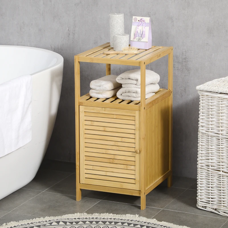 kleankin Meuble de rangement pour salle de bain en bambou 2 étagères et 1 placard avec porte 33 x 36,5 x 67 cm naturel