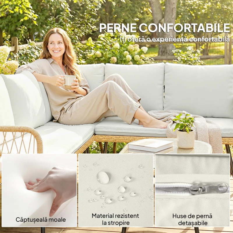 Outsunny Set Mobilier Grădină din Ratan, 4 Piese în Formă de L, cu 2 Canapele, Colțar, Măsuță de Cafea și Perne, Cadru din Oțel, pentru Balcon sau Terasă, Natural/Crem