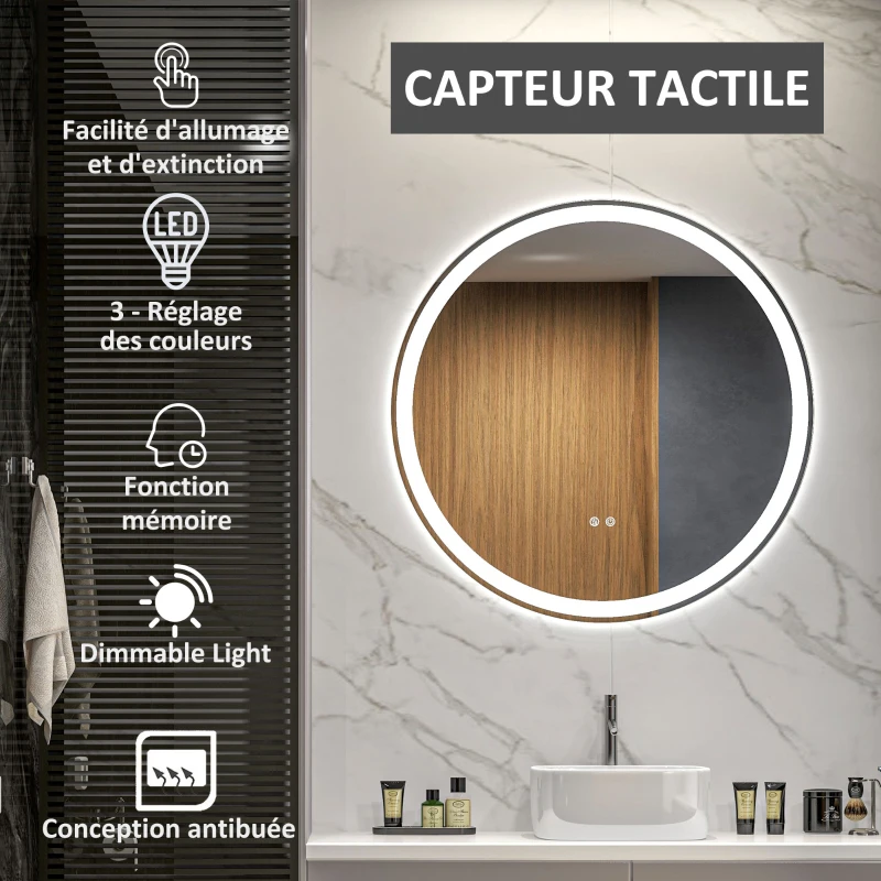 kleankin Miroir rond lumineux LED de salle de bain Ø 80 cm mural avec éclairage 3 couleurs interrupteur tactile 46W blanc argent
