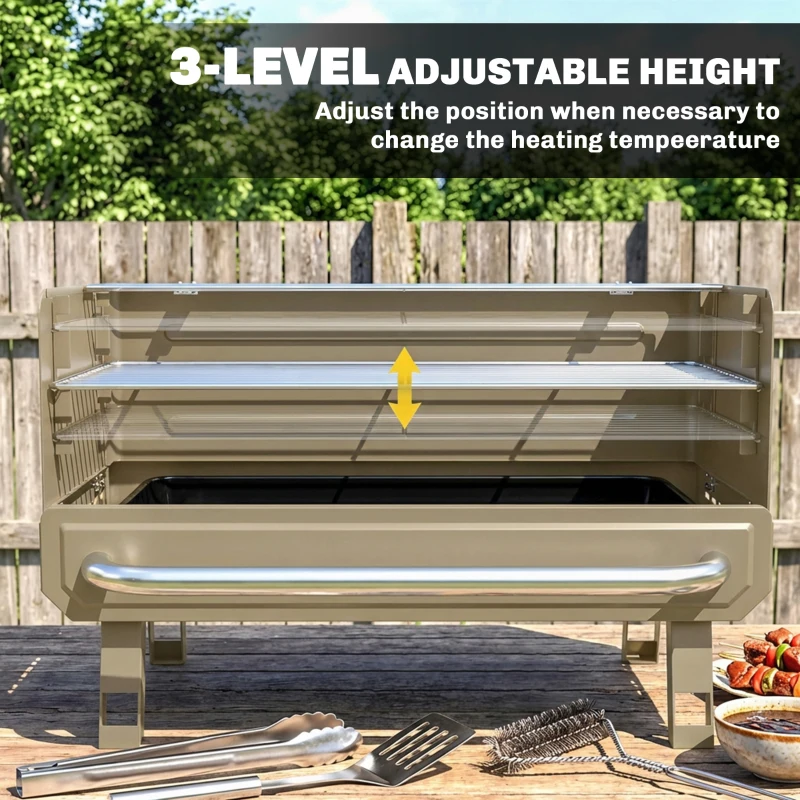 Outsunny Portable BBQ Grill, Charcoal Barbecue Grill with Adjustable Grates, Foldable Legs, Side Shelf for Camping Travel, Khaki