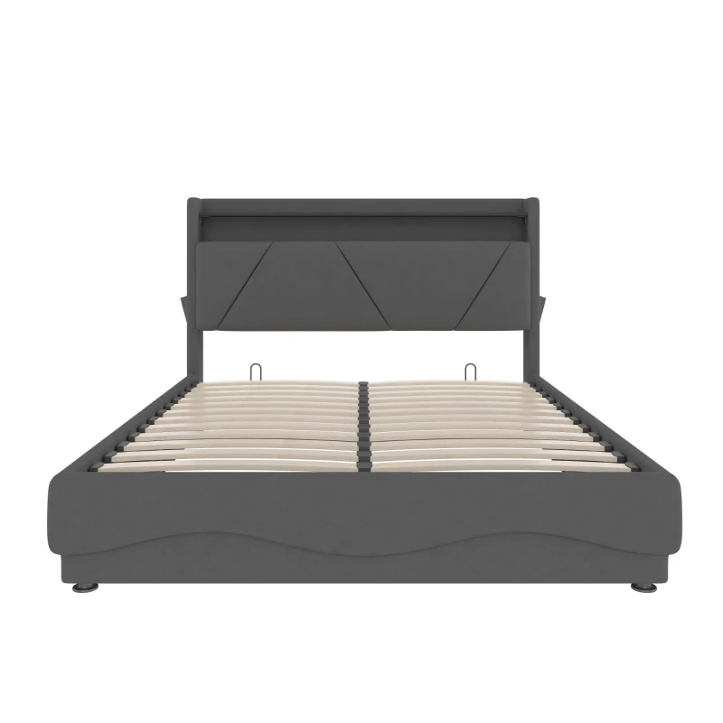 Lit rembourré avec tête de lit LED et rangement, sommier à lattes avec vérins à gaz, sans matelas, 140x200 cm, Gris