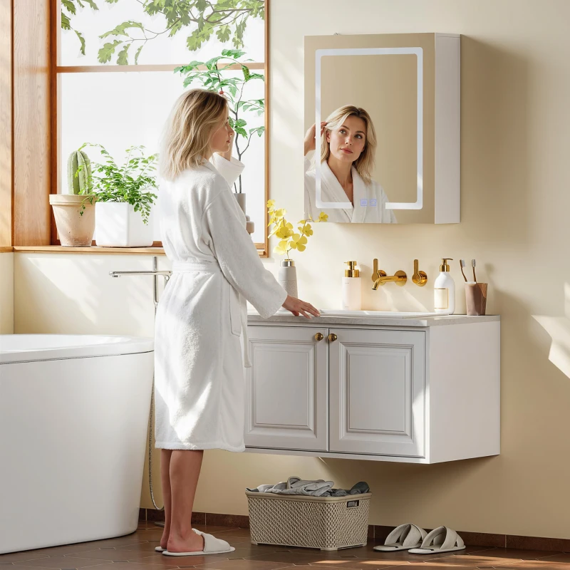 HOMCOM Armadietto Bagno con Specchio, Luce LED Regolabile e Sistema Antiappannamento, 50x15x60 cm, Bianco