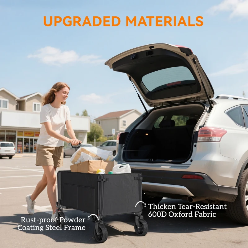 Outsunny Festival Trolley on Wheels, 150L Folding Camping Trolley Cart with Openable Sides, Adjustable Handle and Brakes for Shopping Beach Garden Fishing, Black