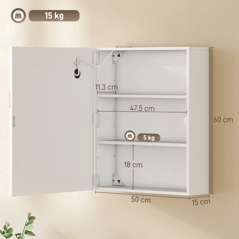 HOMCOM Armadietto Bagno con Specchio, Luce LED Regolabile e Sistema Antiappannamento, 50x15x60 cm, Bianco