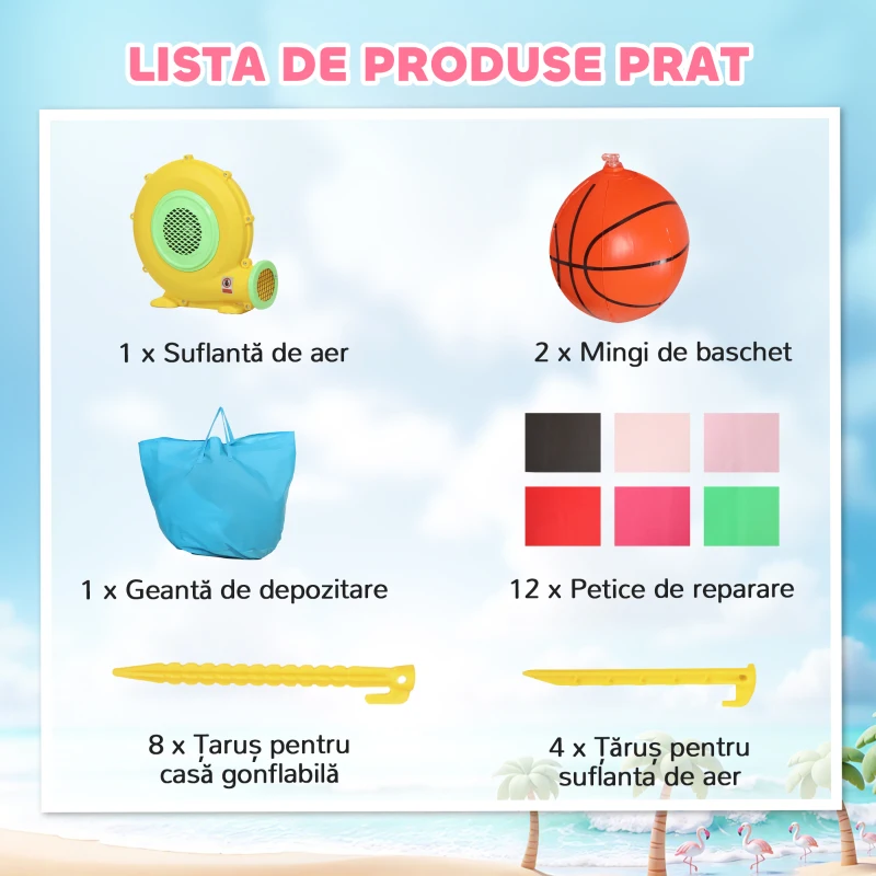 AIYAPLAY Castel Gonflabil pentru Copii 4 în 1, Tobogan, Trambulină, Piscină cu Bile, Coș de Baschet, Mingi de Baschet, Tematică Flamingo, Ventilator, Geantă de Transport, Interior Exterior, 255x230x196cm, Roz