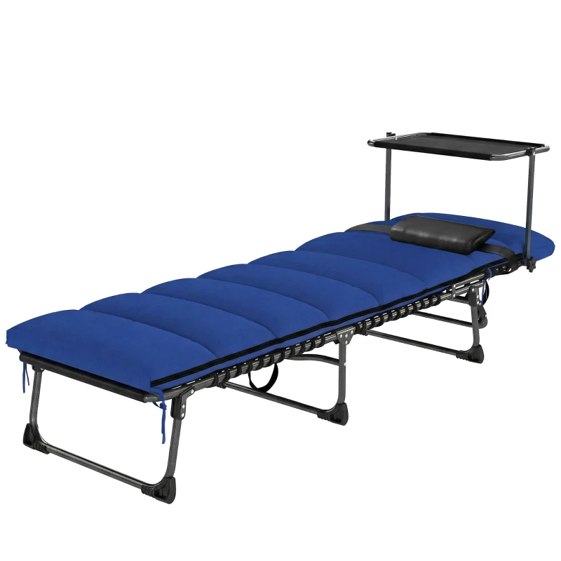 Outsunny Folding Sun Lounger with Canopy, Reclining Sunbed with Cushion, Side Pocket, Carrying Handle, Dark Blue