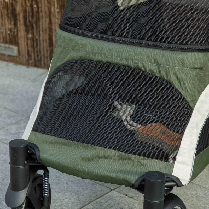 PawHut Foldable Pet Stroller for Large Dogs with Four Big Wheels, Shock-Absorbing Frame, Safety Leashes, Brakes, Dark Green