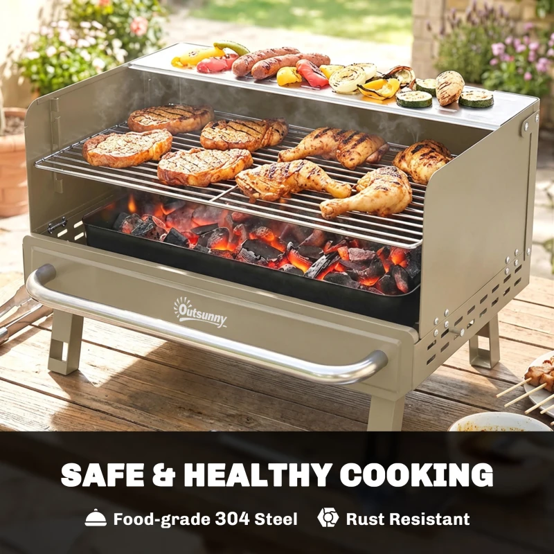 Outsunny Portable BBQ Grill, Charcoal Barbecue Grill with Adjustable Grates, Foldable Legs, Side Shelf for Camping Travel, Khaki