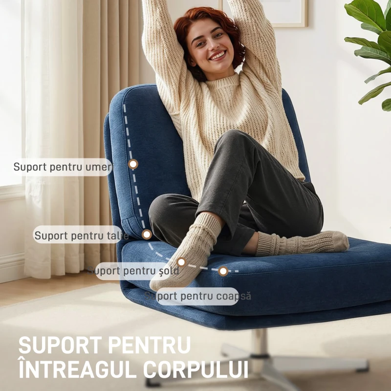 HOMCOM Fotoliu de Living Pivotant Îmbrăcat în Chenilă cu Șezut Lat, Fotoliu Modern pentru Dormitor cu Picioare Metalice, Albastru Închis