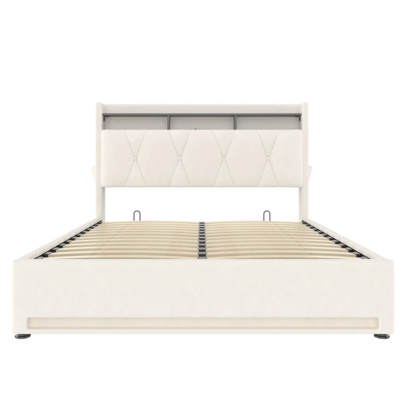Lit rembourré avec tête de lit LED et coffre de rangement, sommier à lattes à vérin à gaz, sans matelas, 160x200 cm, Beige