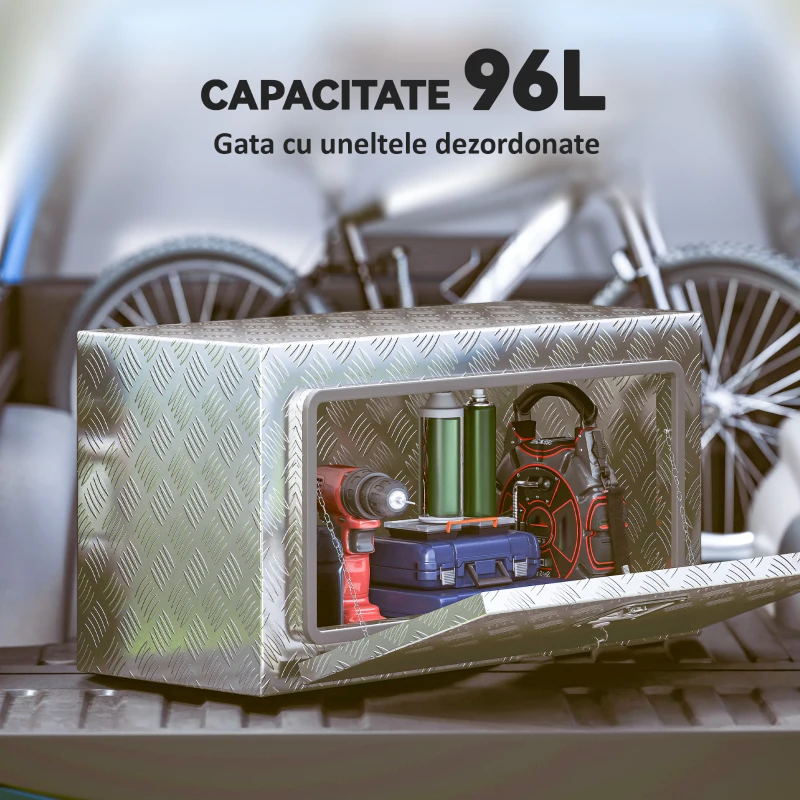 HOMCOM Cutie de Unelte din Aluminiu cu Încuietoare și 2 Chei, Cutie de Depozitare 96L, Rezistentă și Impermeabilă, pentru Pick-Up, Camper, Remorci, 76,2x35,5x40,6cm, Argintiu