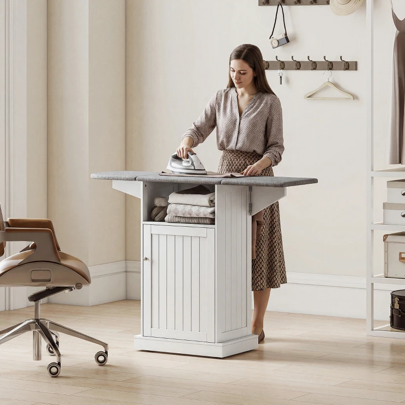 HOMCOM Mobile Asse da Stiro Pieghevole a Rotelle con Ripiano Aperto e Armadietto, 121x37x89 cm, Bianco e Grigio