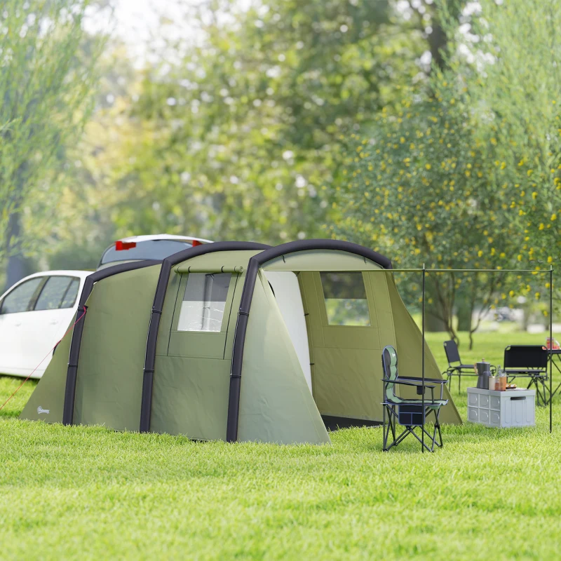 Outsunny Tenda Insuflável Tipo Túnel para 3-6 Pessoas com Alpendre Janelas de Rede e Saco Impermeável Verde-Oliva