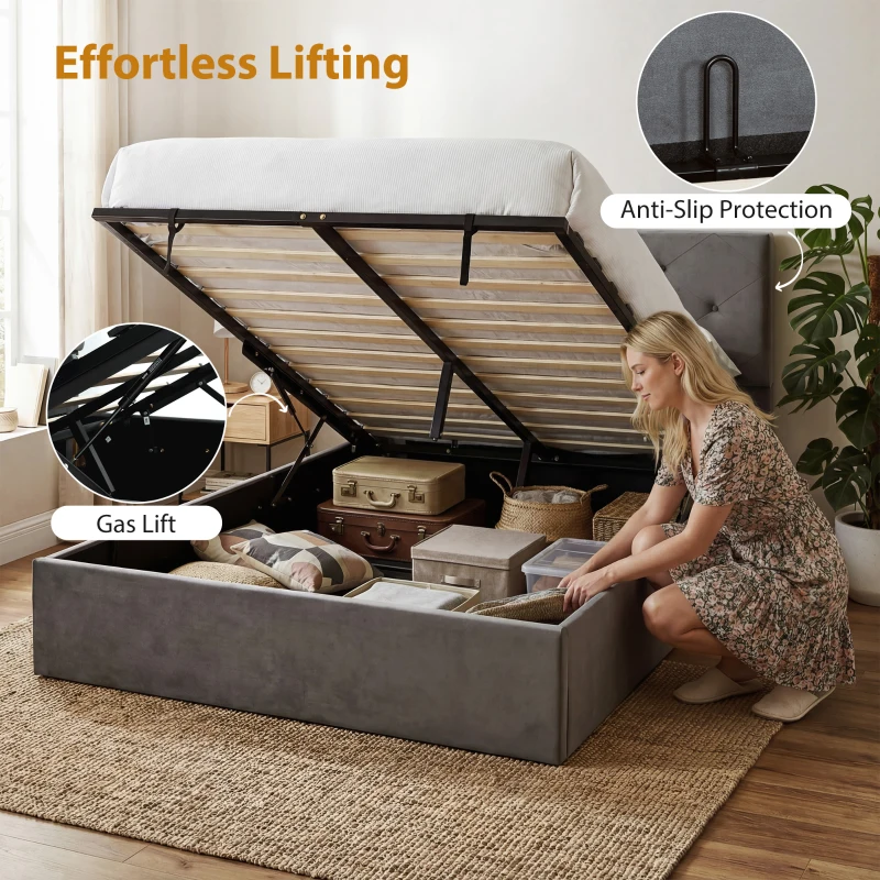 HOMCOM King Size Bed Frame Gas Side Lift Under Bed Storage Upholstered Platform Bed Tufted Headboard for 150 x 200 cm Mattress