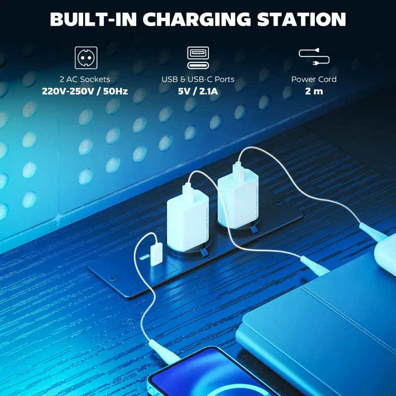 HOMCOM Gamingowy stół w kształcie litery L z LED i gniazdami, podwójny stojak na monitory, 165x80x91,5 cm, czarny wygląd drewna