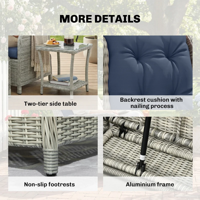 Outsunny 5 Piece Garden Furniture Set, Rattan Reclining Garden Chair Set of 2 with Footstool and Cushion for Balcony, Dark Blue