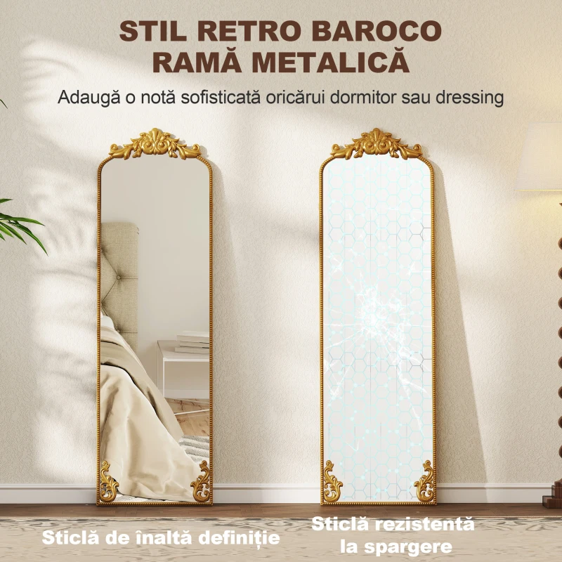 HOMCOM Oglindă de Podea Stil Baroc, 50x160 cm Oglindă de Perete și Autoportantă cu Ramă Metalică, pentru Dormitor, Living și Hol, Auriu