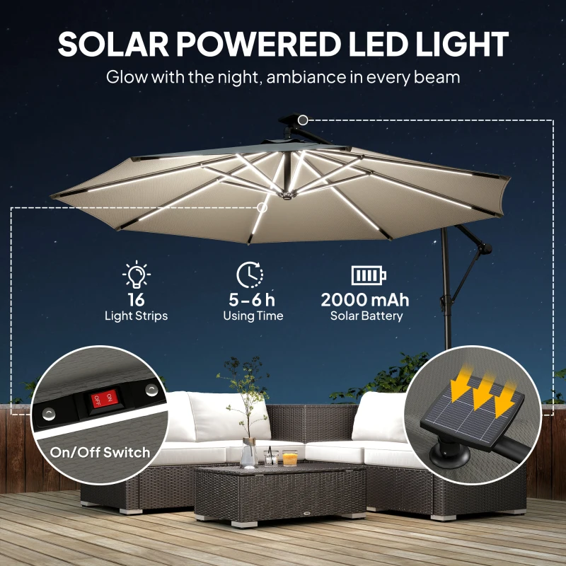 Outsunny 3 m Garden Cantilever Parasol with LED Solar Light, Round Overhanging Umbrella with 360° Rotation, Cover, Grey
