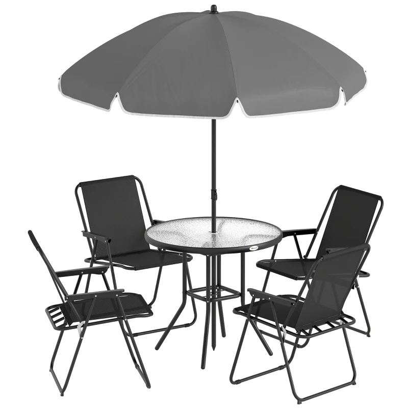 Outsunny 4 Seater Garden Furniture Set, 6 Pieces Garden Table and Chairs with Parasol for Patio, Black