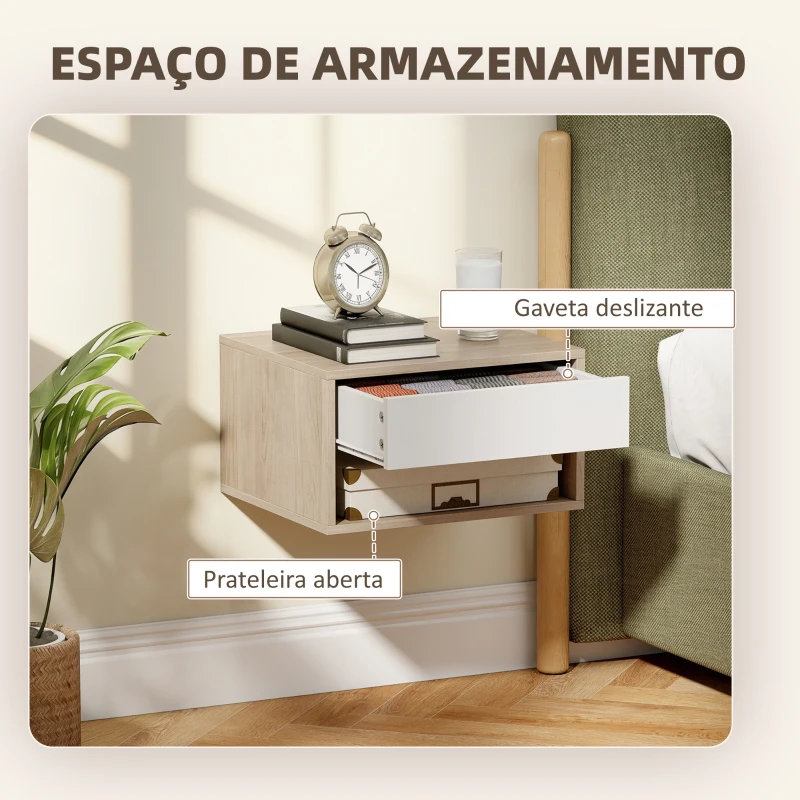 HOMCOM Conjunto de 2 mesas de cabeceira murais, mesas de noite, gaveta, compartimento aberto, tampo, 37 x 32 x 21 cm, madeira natural