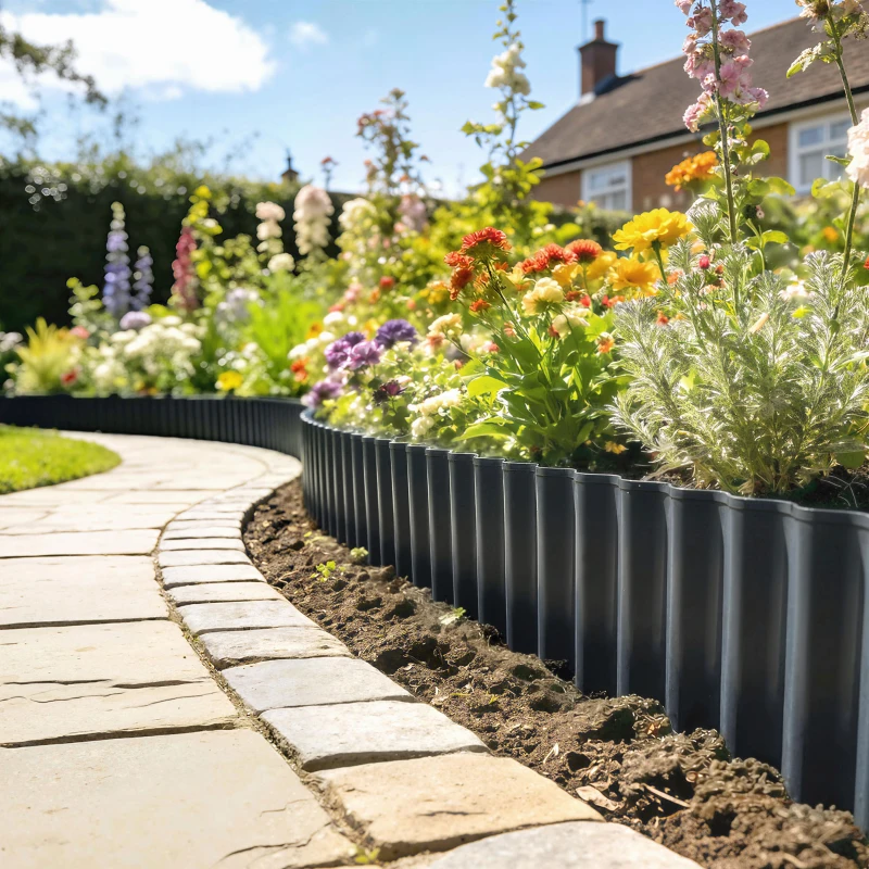 Outsunny Metal Garden Edging Border, 8 in x 21.3 ft Corrugated Heavy Duty Galvanised Steel Lawn Edging, Dark Grey